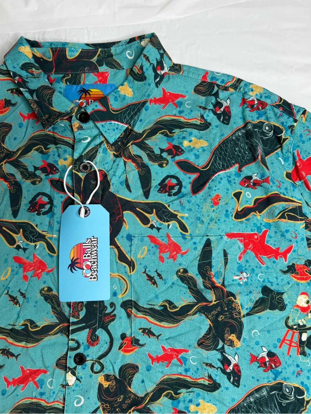 Balls Beachwear Dive School Button Up Shirt XXL NWT Octopus Fish Ocean Print